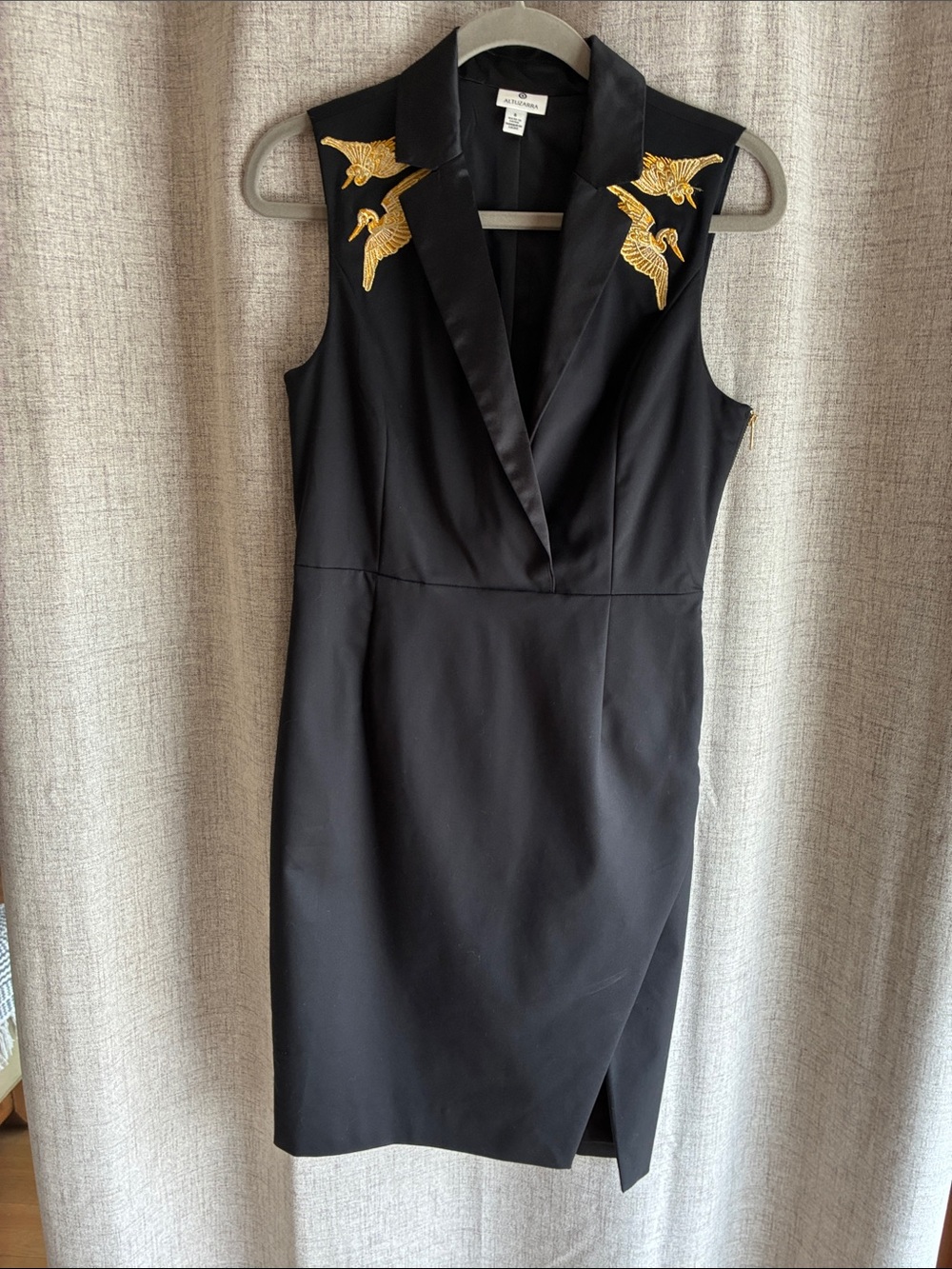 Altuzarra Black Sleeveless V-Neck Midi Dress with Gold Embroidered Birds